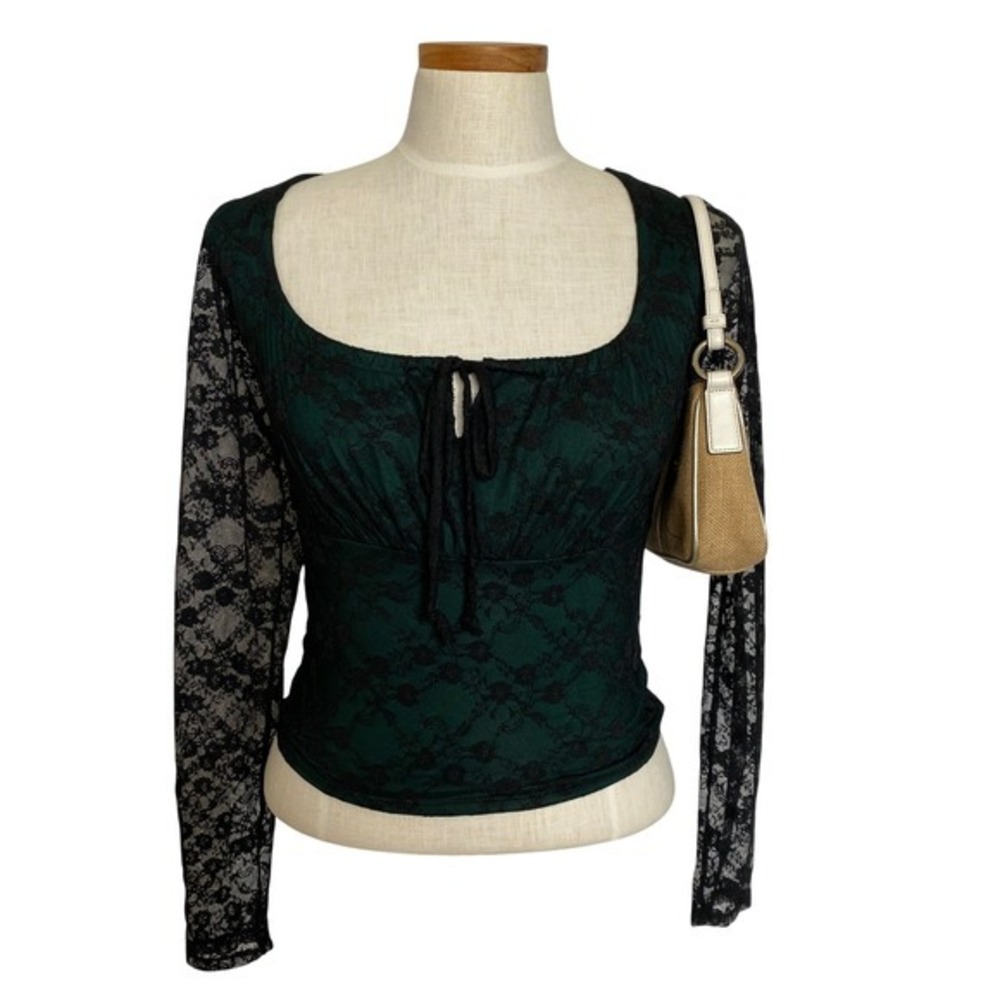 Fairy Whimsigoth Sheer Lace Overlay Top Women M Emerald Green Black Y2K Milkmaid